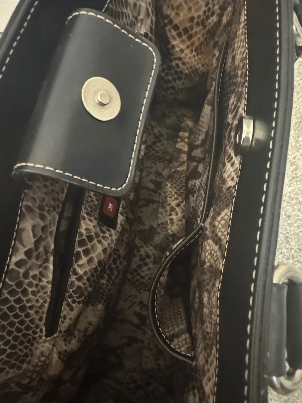Wilsons Black Leather Tote with Snake-Print Interior